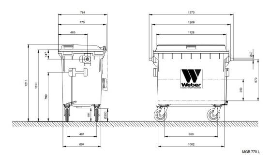 mobile garbage bins 770 L Dimensional drawing