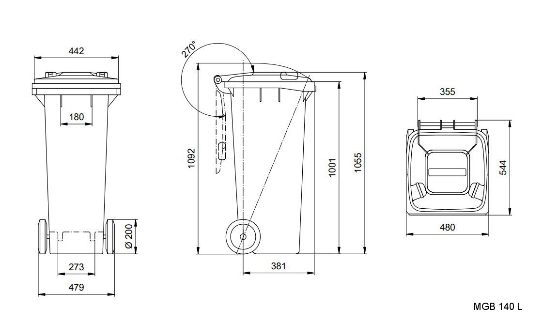 Sizes, dimensions and measures of the wheelie bins 140 litre images-pictures