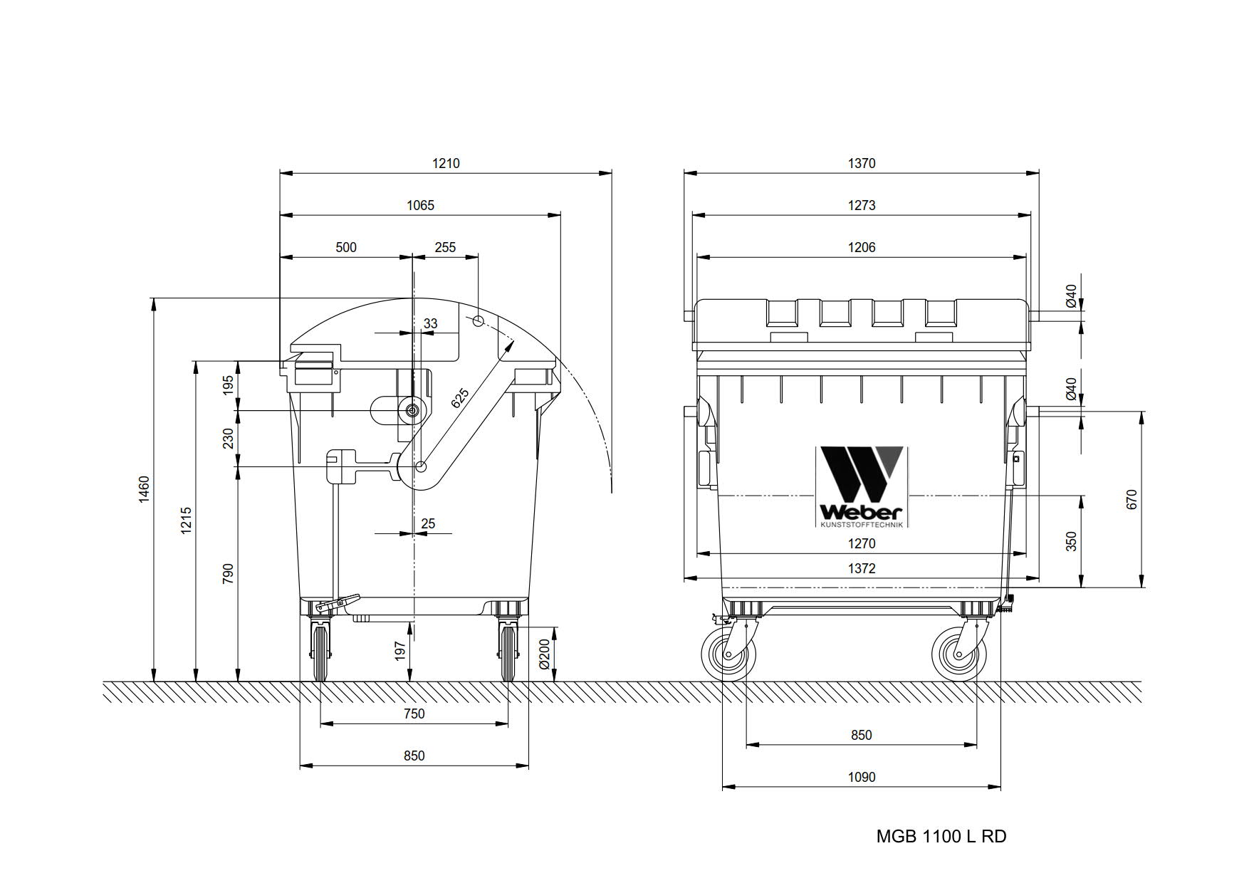 Sizes, dimensions and measures of the wheelie bins 1100 l rl images-pictures