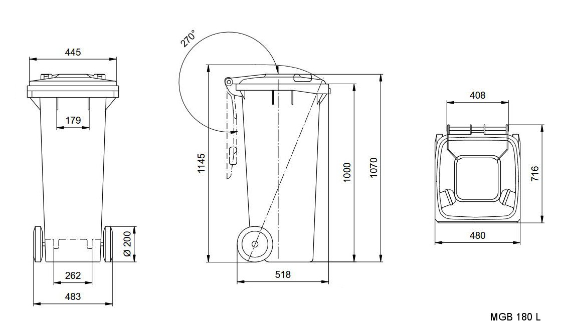 Sizes, dimensions and measures of the wheelie bins 180 litre images-pictures