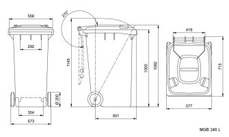 Sizes, dimensions and measures of the wheelie bins 240 litre images-pictures